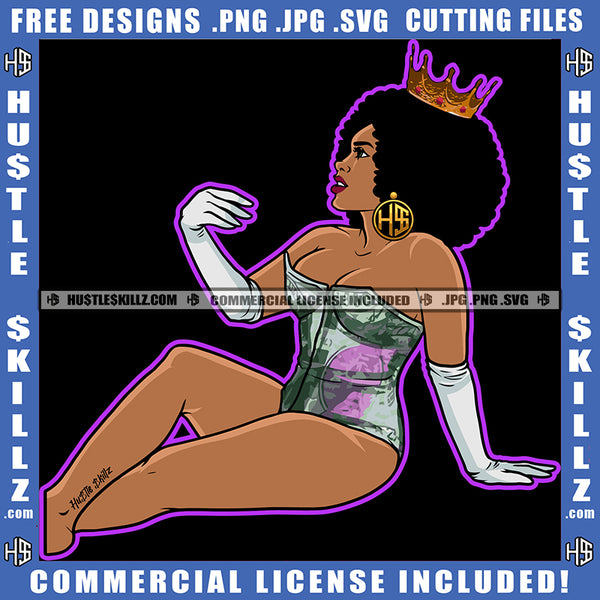 Melanin Woman Sitting Color Design Element Nubian African American Women Wearing Crown Bad Ass Sexy Look Clipart JPG PNG SVG