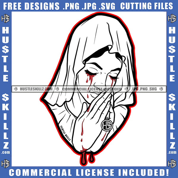 Crying Woman Blood Dripping Tears Praying Pray Mary Bowed Hands Head Head Covering Cloth Grind SVG PNG JPG Vector Cutting Cricut Files