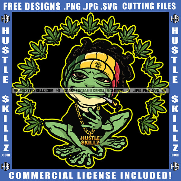 Gangster Frog Cannabis Blunt Smoking Color Vector Bad Ass Frog Marijuana Leaf High Life Smoke Pot Stoned Silhouette SVG JPG PNG Vector Clipart Cricut Cutting Files