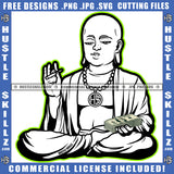 Buddha Holding Cigarette And Money Vector Design Element Baldness Man Head Vector Wearing Towel SVG JPG PNG Vector Clipart Cricut Cutting Files