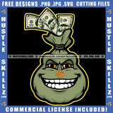 Cartoon The Bag Of Cash Character Smile Face Design Element Cash Money Fly Money Bag On Floor SVG JPG PNG Vector Clipart Cricut Cutting Files
