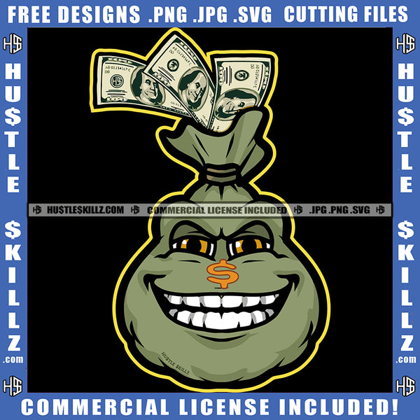 Cartoon The Bag Of Cash Character Smile Face Design Element Cash Money Fly Money Bag On Floor SVG JPG PNG Vector Clipart Cricut Cutting Files