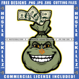 Cartoon The Bag Of Cash Character Smile Face Design Element Cash Money Fly Money Bag On Floor SVG JPG PNG Vector Clipart Cricut Cutting Files
