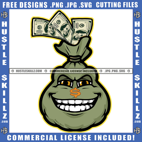 Cartoon The Bag Of Cash Character Smile Face Design Element Cash Money Fly Money Bag On Floor SVG JPG PNG Vector Clipart Cricut Cutting Files