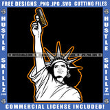 Statue Liberty Holding Gun White Color Vector Design Element Statue Hand Up Standing Color Line Crown On Head USA United Kingdom SVG JPG PNG Vector Clipart Cricut Cutting Files