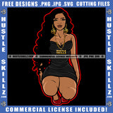 African American Woman Sitting On Floor Color Line Design Afro Hair Vector Design Element Lot Of Money Bag on Floor Melanin Sexy Girl SVG JPG PNG Vector Clipart Cricut Cutting Files