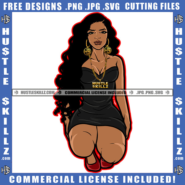 African American Woman Sitting On Floor Color Line Design Afro Hair Vector Design Element Lot Of Money Bag on Floor Melanin Sexy Girl SVG JPG PNG Vector Clipart Cricut Cutting Files