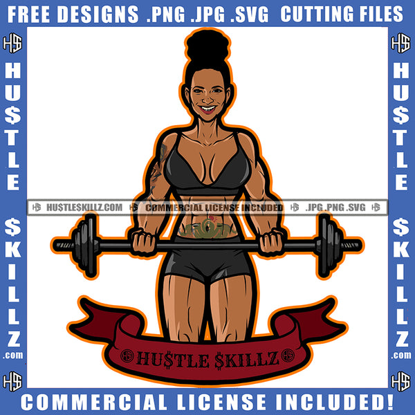 Melanin Bodybuilding Woman Female Muscle Flex Fitness Smile Face Girl Gym Workout Train Health Weight Pose Fit Body Strong Design Logo SVG PNG Vector Files
