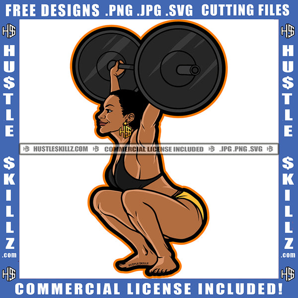 African American Melanin Bodybuilding Woman Sitting Holding Weight Female Muscle Flex Fitness Smile Face Girl Gym Workout Train Health Weight Pose Fit Body Strong Design Logo SVG PNG Vector Files