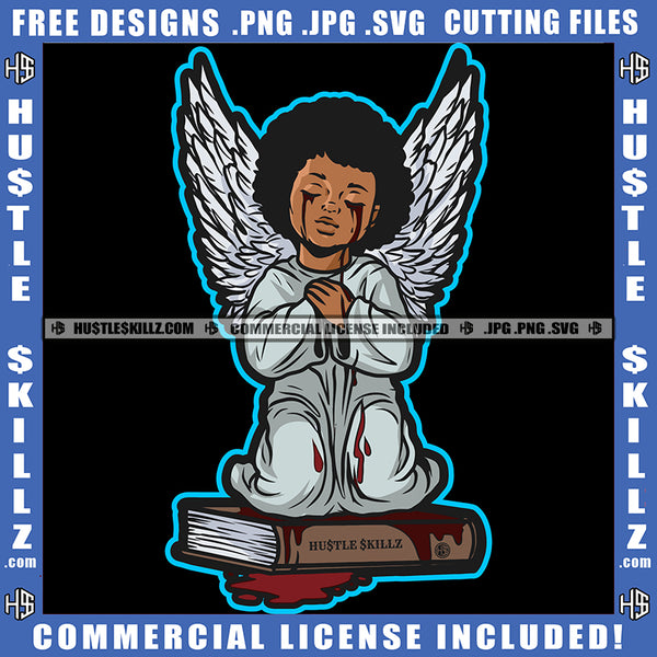 Young Child Angle Hard Praying African Angel Eye Blood Dropping Angle Sitting On Book Vector Design Element SVG JPG PNG Vector Clipart Cricut Cutting Files