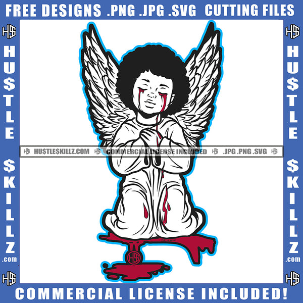 Young Child Angle Hard Praying Blood Dripping On Floor Afro Hair Angle Wings Design Element Child Angle Sitting SVG JPG PNG Vector Clipart Cricut Cutting Files