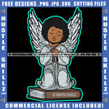 Young Child Angle Hard Praying Vector Angle Sitting On Book Afro Hair Angle Wings Design Element Child Angle Sitting SVG JPG PNG Vector Clipart Cricut Cutting Files