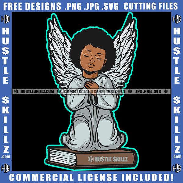 Young Child Angle Hard Praying Vector Angle Sitting On Book Afro Hair Angle Wings Design Element Child Angle Sitting SVG JPG PNG Vector Clipart Cricut Cutting Files