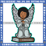 Young Child Angle Hard Praying Vector Angle Sitting On Book Afro Hair Angle Wings Design Element Child Angle Sitting SVG JPG PNG Vector Clipart Cricut Cutting Files