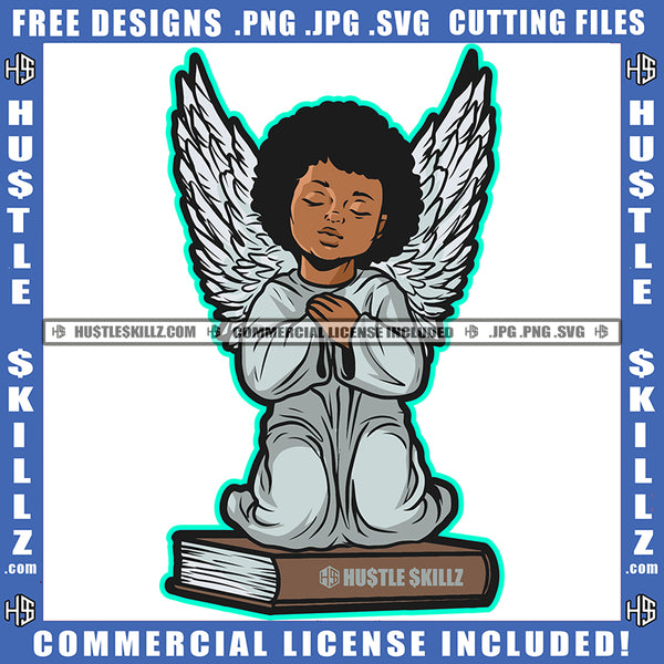 Young Child Angle Hard Praying Vector Angle Sitting On Book Afro Hair Angle Wings Design Element Child Angle Sitting SVG JPG PNG Vector Clipart Cricut Cutting Files