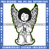 African American Young Child Angle Hard Praying Angel Sitting On Floor Vector Design Element Afro Hair SVG JPG PNG Vector Clipart Cricut Cutting Files