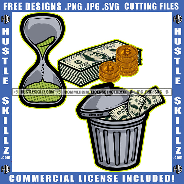 Money West On Bucket Bitcoin And Money Bundle On Floor Time Machine Design Element SVG JPG PNG Vector Clipart Cricut Cutting Files
