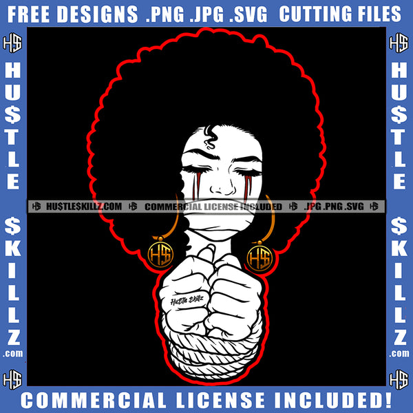African American Woman Hands Tied Rope And Melanin Girl Tide Up Mouth With Tape White Color Vector Design Element Black Girl Blood Dripping On Eye Ski SVG JPG PNG Vector Clipart Cricut Cutting Files