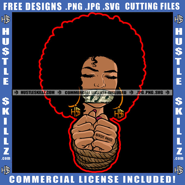 African American Woman Hands Tied Rope And Melanin Girl Tide Up Mouth With Tape Afro Hair Vector Design Element Black Girl Blood Dripping On Eye Ski SVG JPG PNG Vector Clipart Cricut Cutting Files