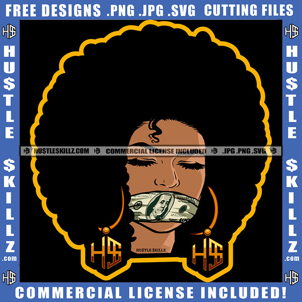 African American Woman Tied Up Mouth With Cash Dollar Melanin Girl Afro Hair Black Girl Vector Design Element Magic Ski Mask Gangster SVG JPG PNG Vector Clipart Cricut Cutting Files