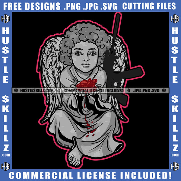Young Child Angle Sitting Holding Heart Design Element Angle Wings And Gun Blood Dripping SVG JPG PNG Vector Clipart Cricut Cutting Files