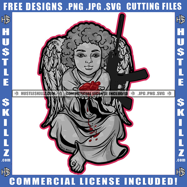 Young Child Angle Sitting Holding Heart Design Element Angle Wings And Gun Blood Dripping SVG JPG PNG Vector Clipart Cricut Cutting Files