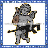 Young Child Angle Standing Design Angle Holding Gun And Bank Cash Money Bag Vector Design Element Angle Wings SVG JPG PNG Vector Clipart Cricut Cutting Files