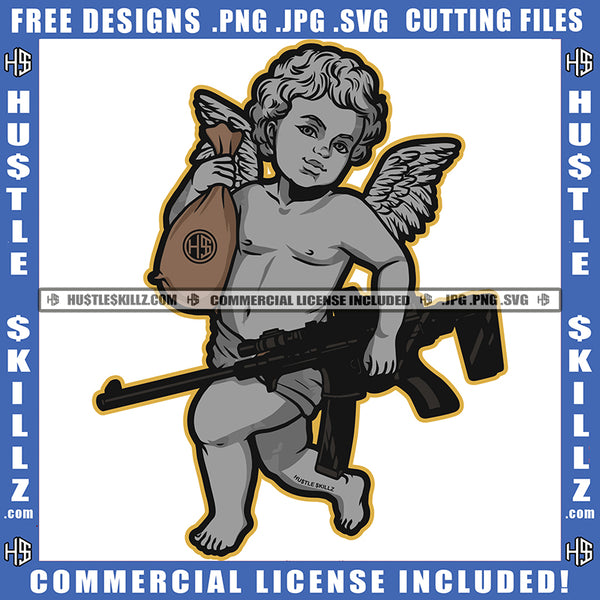 Young Child Angle Standing Design Angle Holding Gun And Bank Cash Money Bag Vector Design Element Angle Wings SVG JPG PNG Vector Clipart Cricut Cutting Files