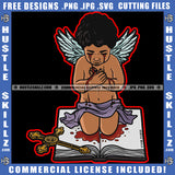 Young Child Angle Praying Sitting On Book Crying Angle Eye Blood Dripping Cross On Floor Vector Design Element Angle Wings SVG JPG PNG Vector Clipart Cricut Cutting Files