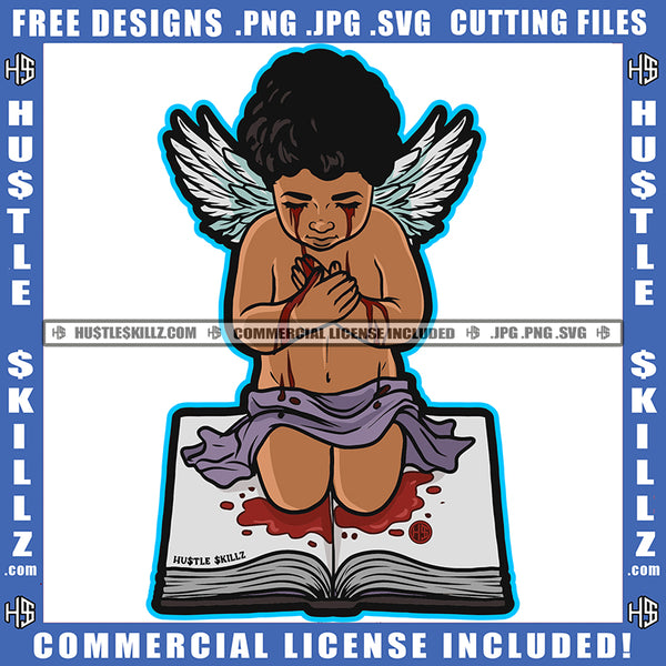 Young Child Angle Hard Praying And Crying Blood Dripping Vector Angle Sitting On Book Angle Wings Design Element SVG JPG PNG Vector Clipart Cricut Cutting Files