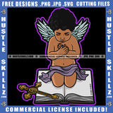 Young Child Angle Praying Sitting On Book Angle Wings Design Element Cross Sign On Book SVG JPG PNG Vector Clipart Cricut Cutting Files