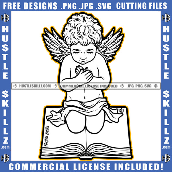 Young Child Angle Sitting On Book Praying Design Element Angle Wings Afro Hair White Color SVG JPG PNG Vector Clipart Cricut Cutting Files