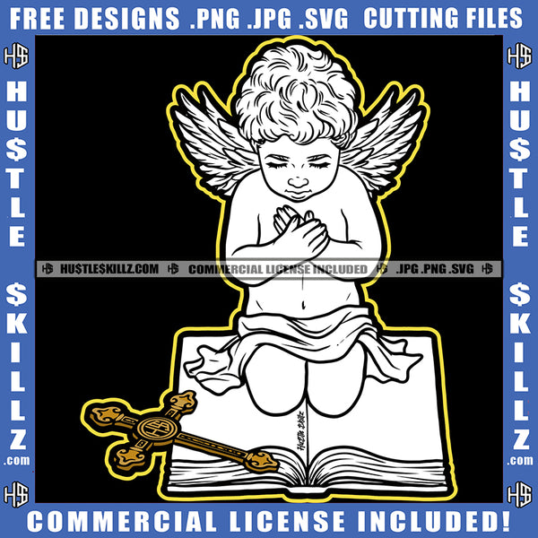 Young Child Angle Sitting On Book Angle Wings Vector Cross On Book Vector Design Element SVG JPG PNG Vector Clipart Cricut Cutting Files