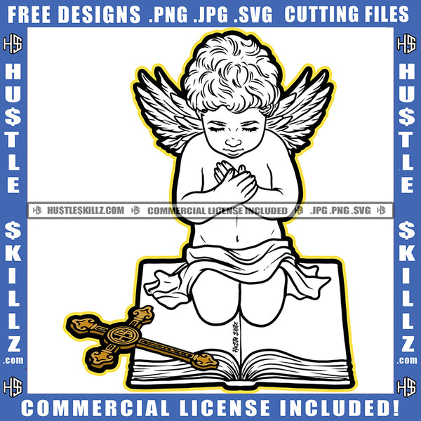 Young Child Angle Sitting On Book Angle Wings Vector Cross On Book Vector Design Element SVG JPG PNG Vector Clipart Cricut Cutting Files