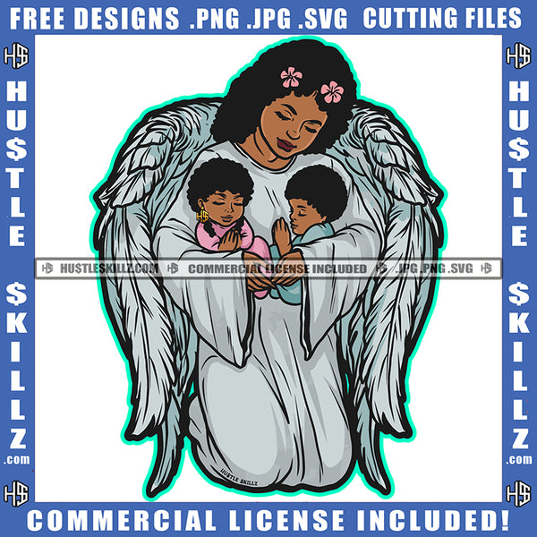 Angle Woman Holding Angel Boy Ang Girl Vector Design Element Angle Woman Sitting On Floor Flower On Head SVG JPG PNG Vector Clipart Cricut Cutting Files