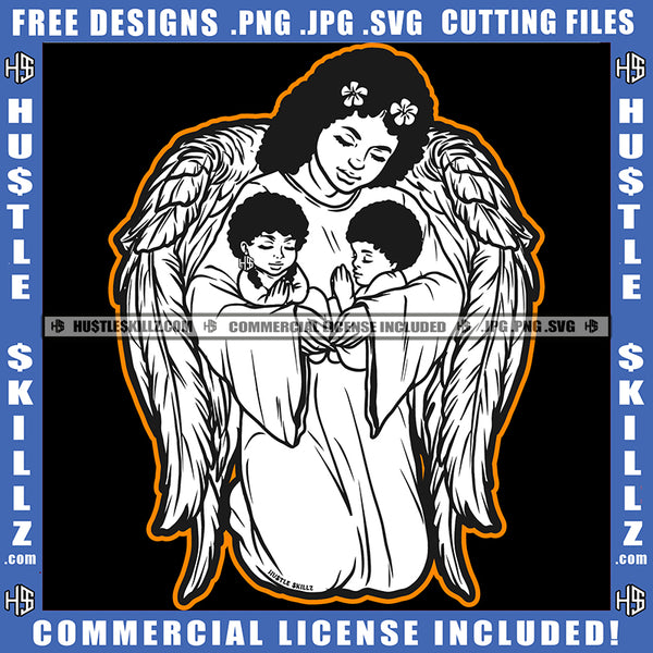Angle Woman Holding Angel Boy Ang Girl White Color Vector Design Element Angle Woman Sitting On Floor Flower On Head SVG JPG PNG Vector Clipart Cricut Cutting Files