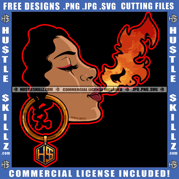 Melanin Woman Half Face Blowing Flames Fire Design Element Heat Energy Hot Blaze Hoops Graphic Grind SVG PNG JPG Vector Cutting Cricut Files