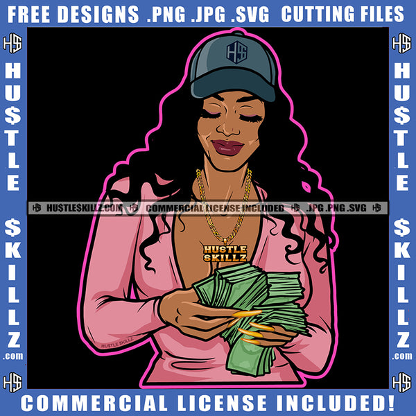 Paper Chaser Quote Color Vector African American Woman Curly Hair Wearing Cap Design Element Melanin Woman Holding Cash Money Gangster SVG JPG PNG Vector Clipart Cricut Cutting Files