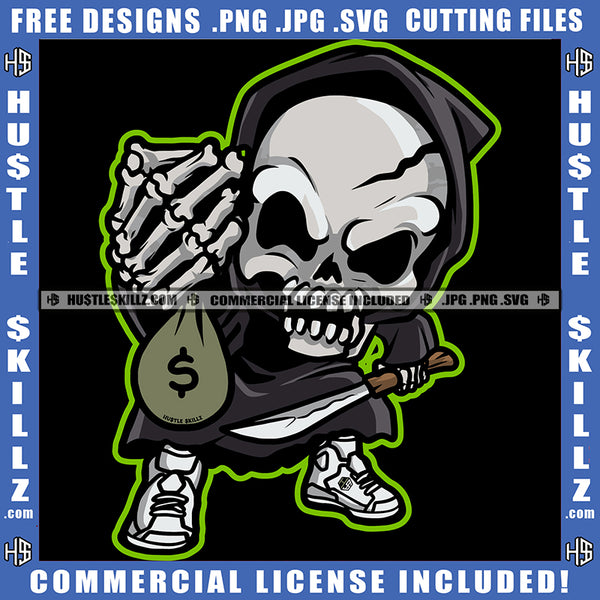 Grim Reaper Decal Halloween Skull Skeleton Head Design Element Skull Holding Money Bag Standing Vector SVG JPG PNG Vector Clipart Cricut Cutting Files