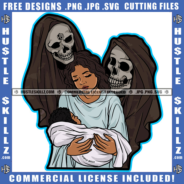 Grim Reaper Halloween Holding Woman Vector Melanin Woman Holding Child Look Each Other Vector Design Element SVG JPG PNG Vector Clipart Cricut Cutting Files