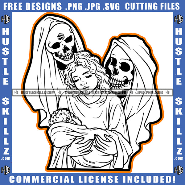 Grim Reaper Halloween Holding Woman Vector Melanin Woman Holding Child Look Each Other White Color Vector Design Element SVG JPG PNG Vector Clipart Cricut Cutting Files