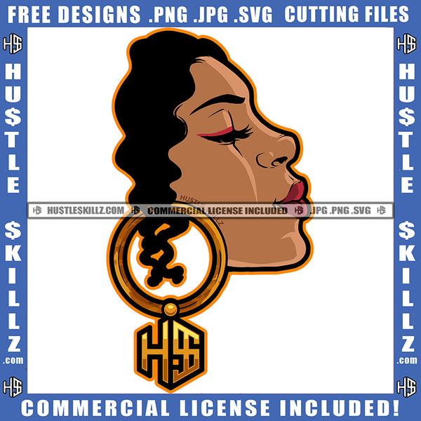 Melanin Black Woman Afro Queen Earrings Design Element Girl Mouth Braids Hair Hustling Hustler SVG Vector Logo Hustle Cricut SVG PNG JPG Vector Cut Files
