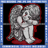 Young Child Angel Crying Blood Dripping Wings Sitting Design Element Head Bent Closed Eyes Silhouette Graphic Icon Grind Skillz SVG PNG JPG Vector Cutting Cricut