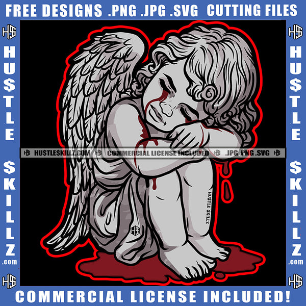 Young Child Angel Crying Blood Dripping Wings Sitting Design Element Head Bent Closed Eyes Silhouette Graphic Icon Grind Skillz SVG PNG JPG Vector Cutting Cricut