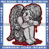 Young Child Angel Crying Blood Dripping Wings Sitting Design Element Head Bent Closed Eyes Silhouette Graphic Icon Grind Skillz SVG PNG JPG Vector Cutting Cricut