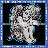 Young Child Angel Wings Sitting Head Bent Closed Eyes Design Element Silhouette Graphic Icon Grind Skillz SVG PNG JPG Vector Cutting Cricut Files