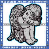 Young Child Angel Wings Sitting Head Bent Closed Eyes Design Element Silhouette Graphic Icon Grind Skillz SVG PNG JPG Vector Cutting Cricut Files