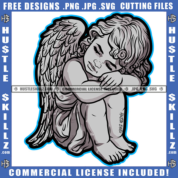 Young Child Angel Wings Sitting Head Bent Closed Eyes Design Element Silhouette Graphic Icon Grind Skillz SVG PNG JPG Vector Cutting Cricut Files