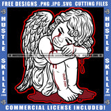 Young Child Angel Crying Blood Dripping With Wings Design Element Sitting Head Bent Closed Eyes Design Element Silhouette Graphic Icon Grind Skillz SVG PNG JPG Vector Cutting Cricut Files