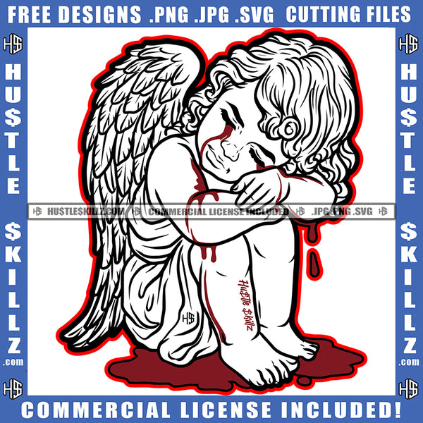 Young Child Angel Crying Blood Dripping With Wings Design Element Sitting Head Bent Closed Eyes Design Element Silhouette Graphic Icon Grind Skillz SVG PNG JPG Vector Cutting Cricut Files